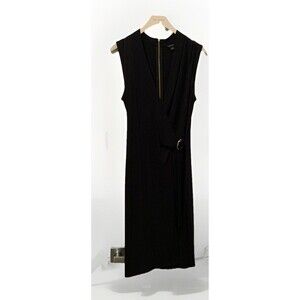 Ann Taylor Black Dress V-Neck Sleeveless with Gold Catch At Waist Size Small